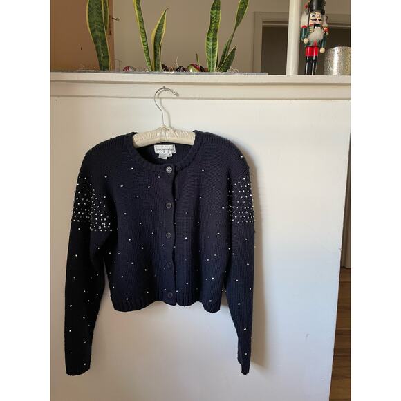 Vintage Navy Rhinestone Wool Blend Cardigan Size Medium - Picture 2 of 8